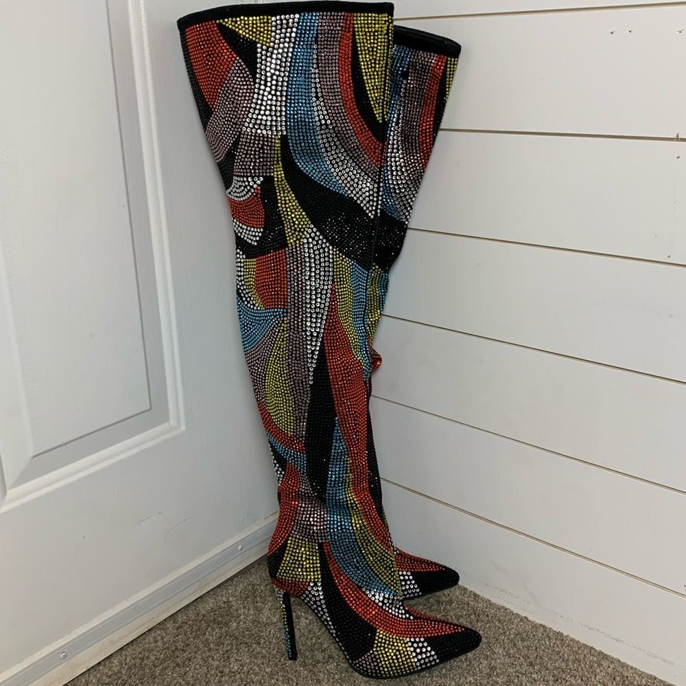 AZALEA WANG Glamoraour EMBELLISHED STILETTO BOOT thigh high 4in heel woman’s 7